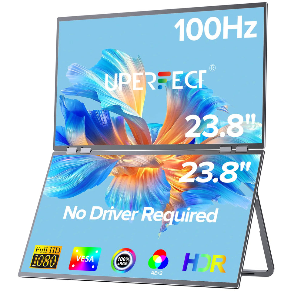UPERFECT Delta 23.8 front view shows a driver-free dual-monitor setup for laptops.