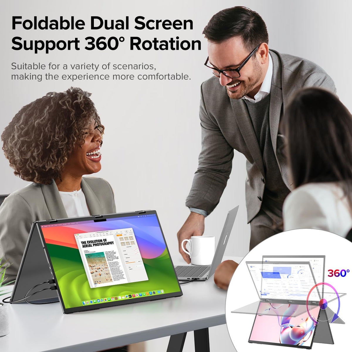 UPERFECT Delta Max ergonomic stand and VESA mount save desk space.