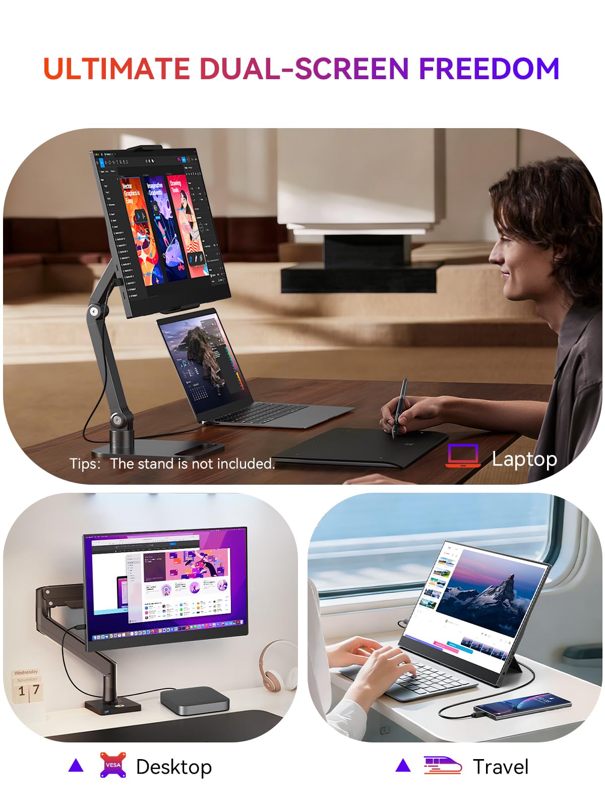 UPERFECT portable monitor with built-in dual speakers for on-the-go audio