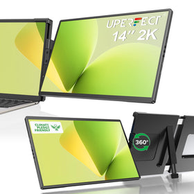 UPERFECT laptop screen extender in angled view highlights crisp 2K color clarity for on-the-go editing.