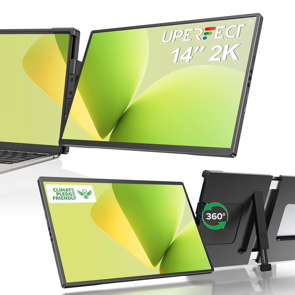 UPERFECT laptop screen extender in angled view highlights crisp 2K color clarity for on-the-go editing.