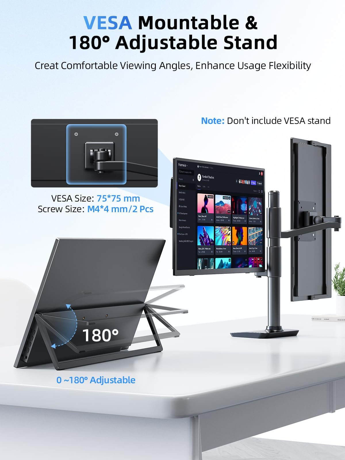 UPERFECT portable monitor 180-degree stand accommodates ergonomic viewing angles.