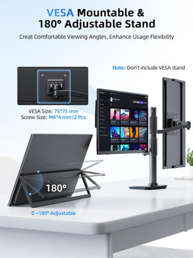 UPERFECT portable monitor 180-degree stand accommodates ergonomic viewing angles.