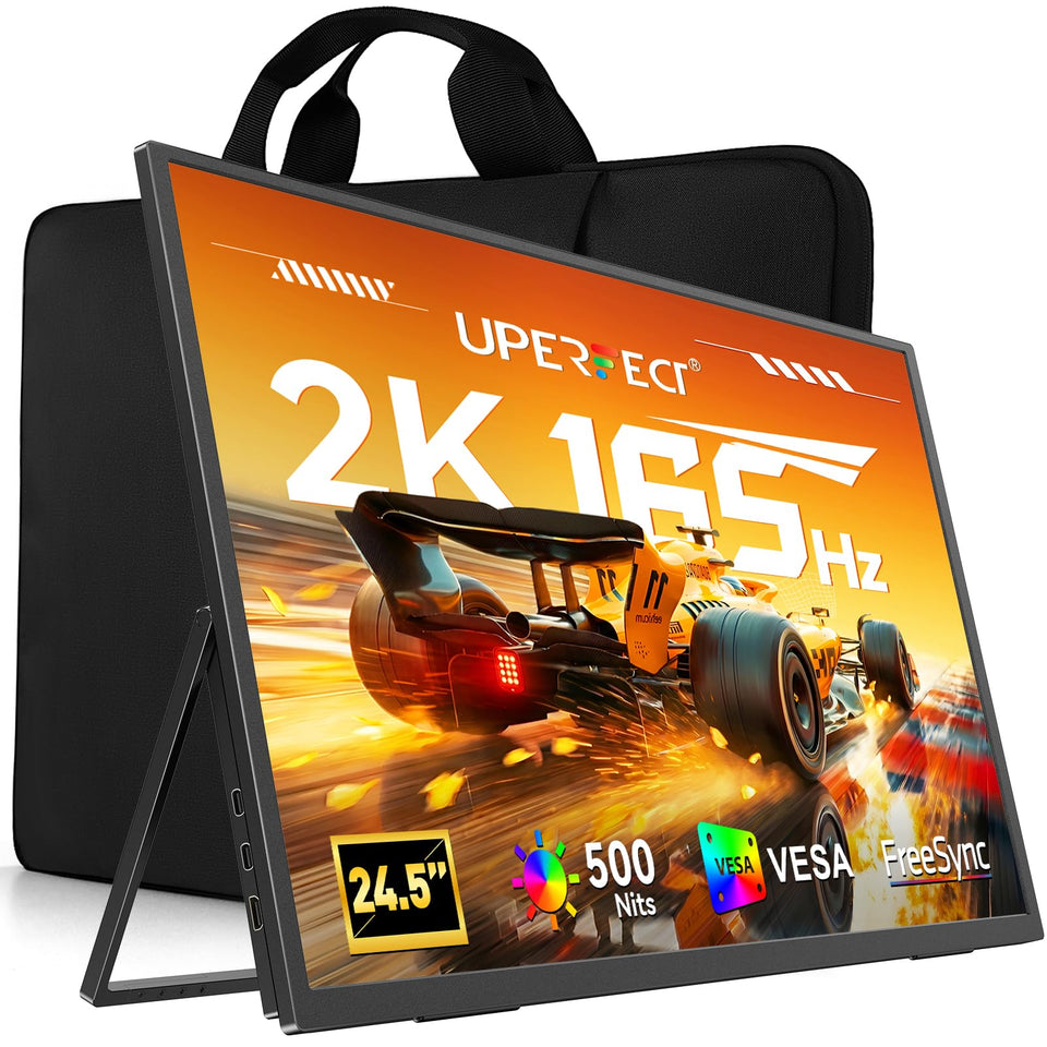 UPERFECT 24.5-inch portable monitor with angled stand for ergonomic viewing.
