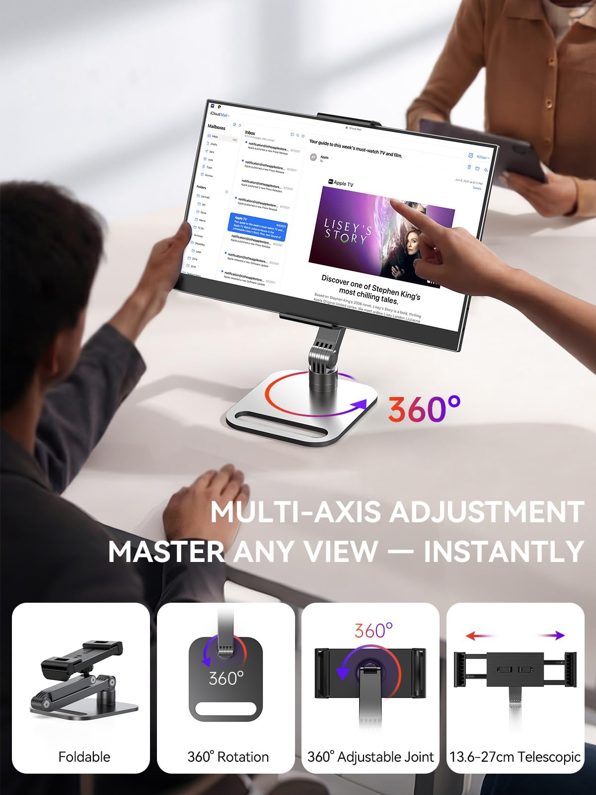 UPERFECT portable monitor with 360° rotating clamp stand supports flexible height and orientation