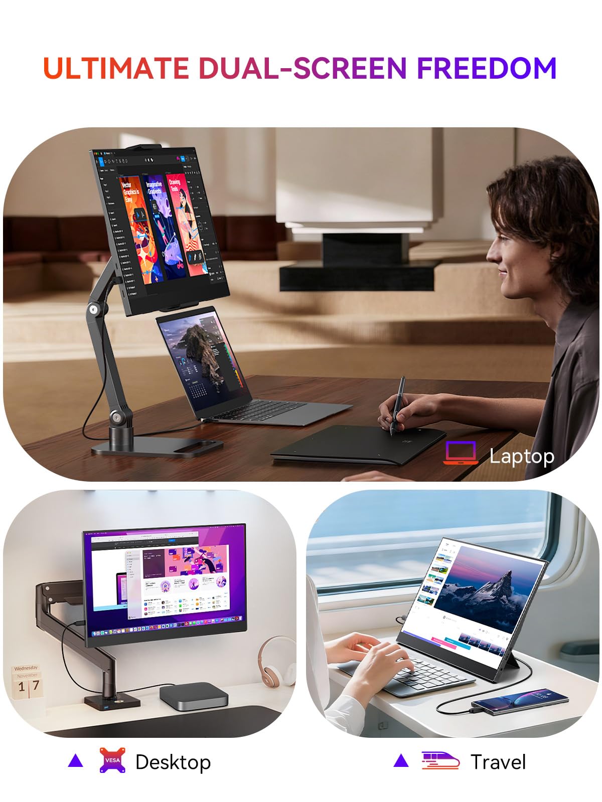 UPERFECT portable monitor 70-degree tilt for ergonomic viewing on any desk