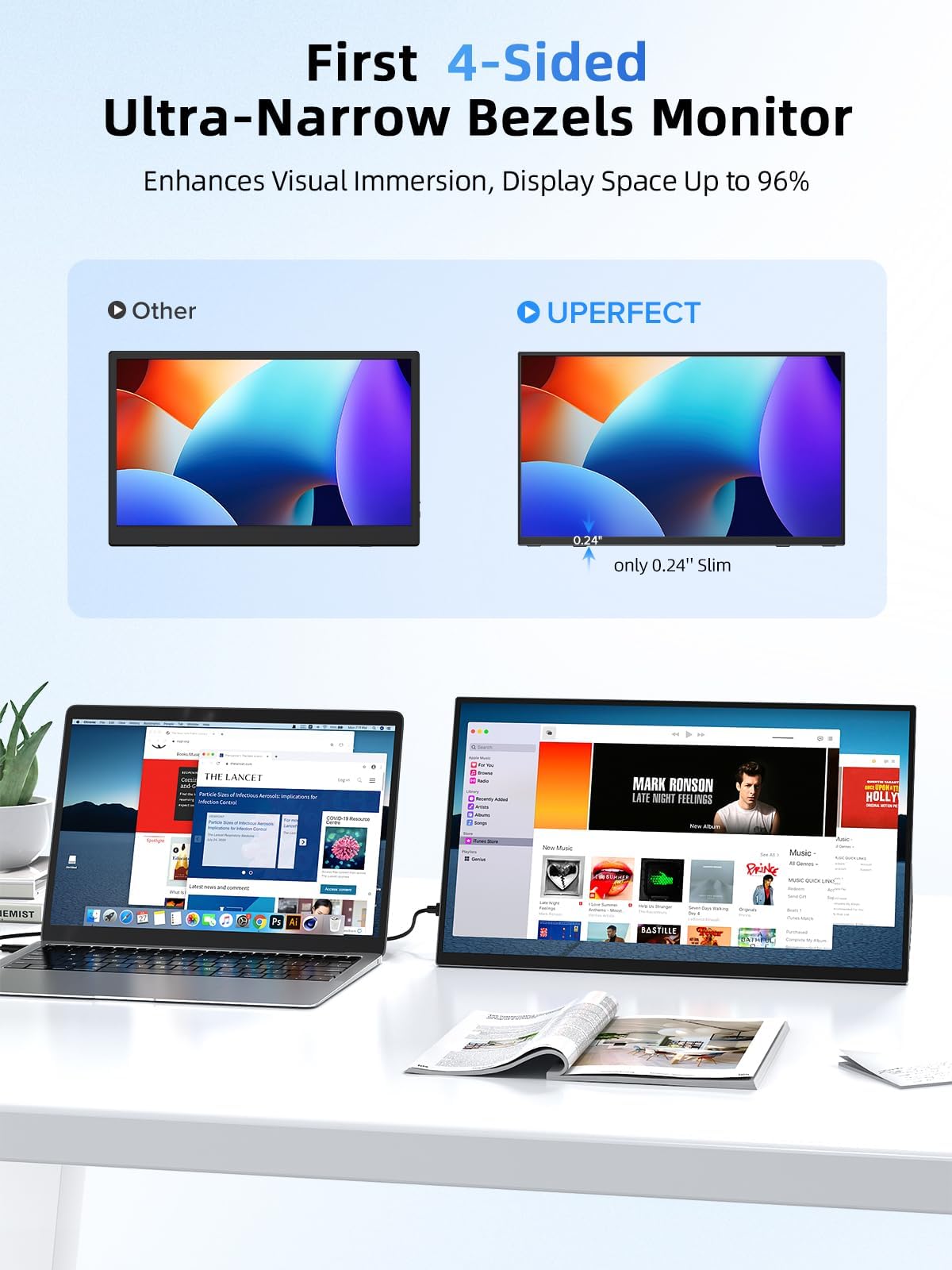 UPERFECT portable monitor dual speakers deliver clear sound anywhere.