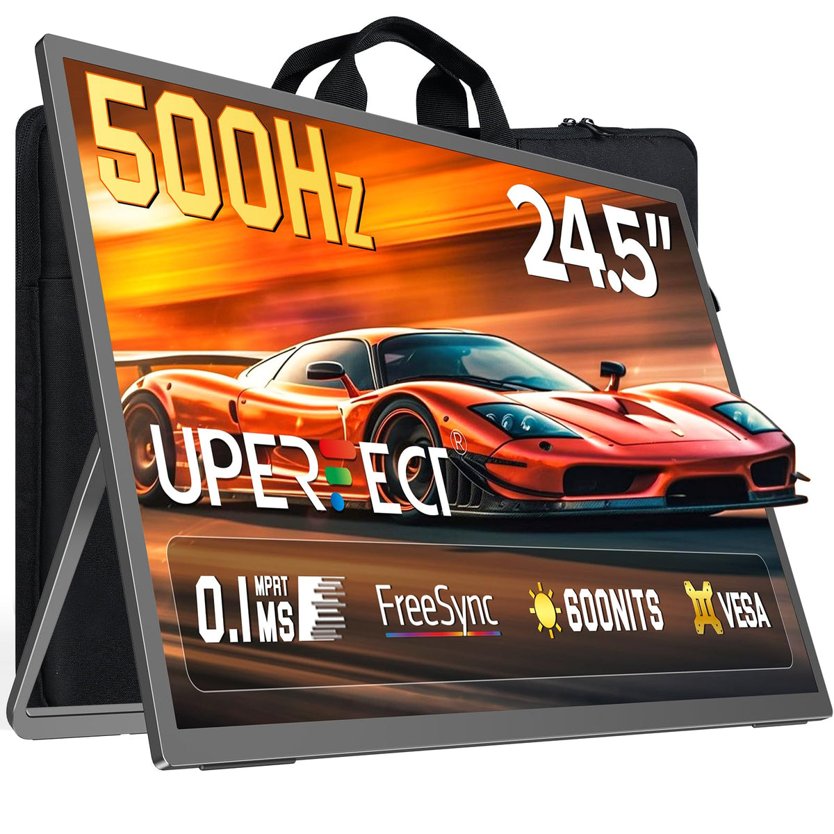 UPERFECT QLED portable gaming monitor front view highlights vivid colors for on-the-go gaming.