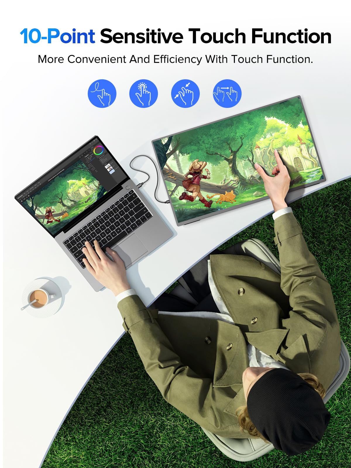 UPERFECT QLED portable monitor touchscreen interaction for easy navigation.