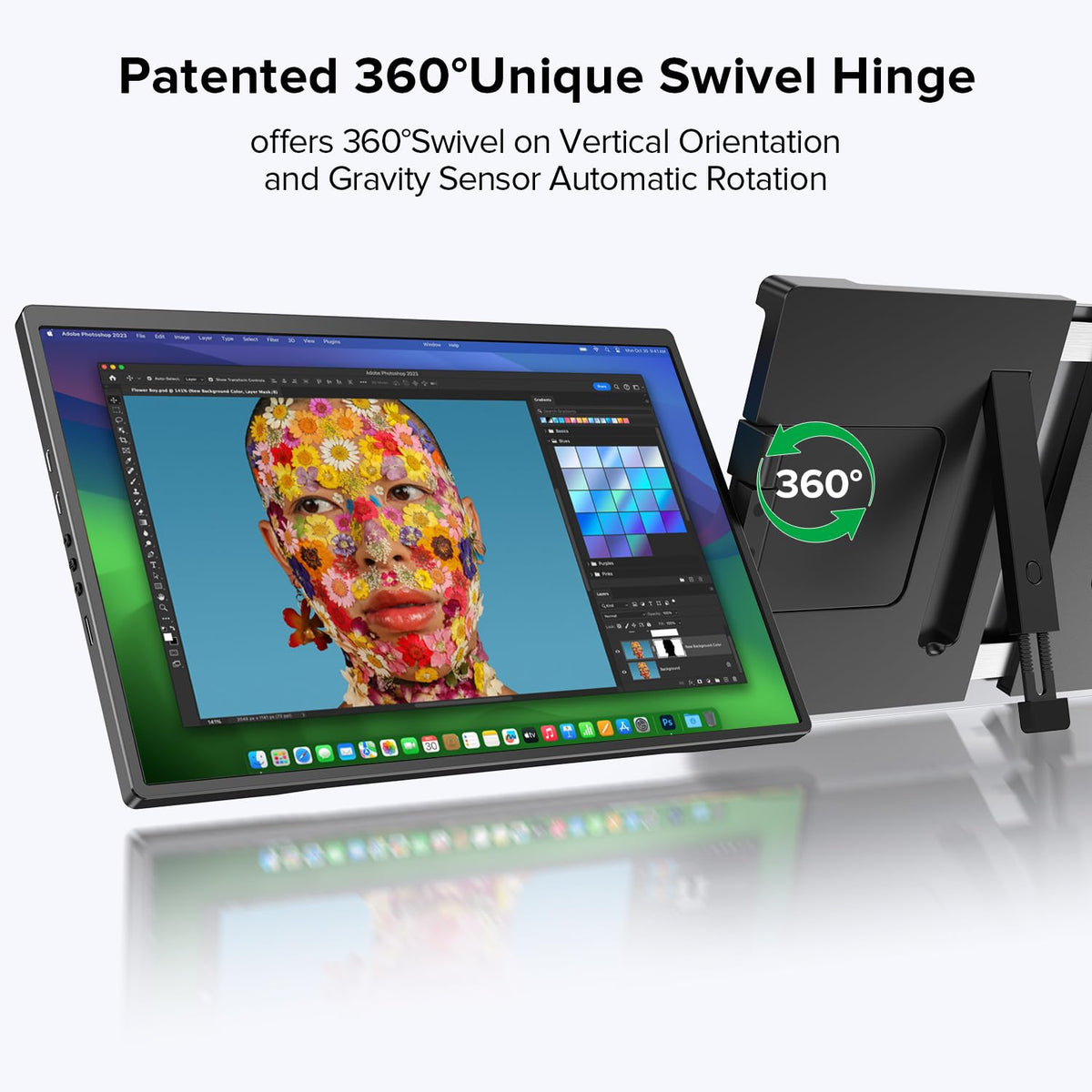 UPERFECT swivel hinge demonstrates 360-degree rotation for flexible viewing angles.