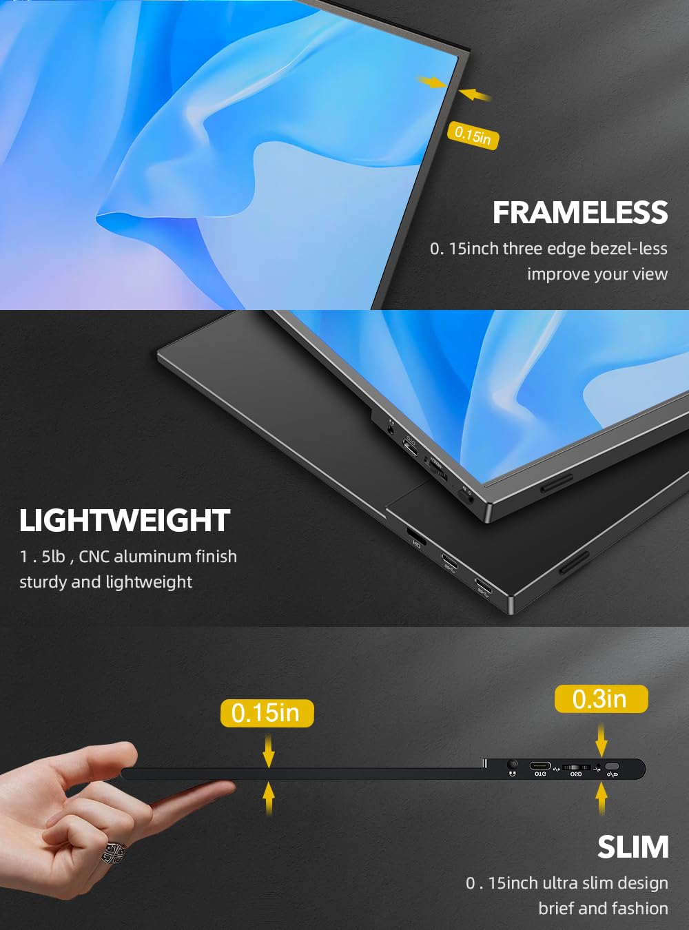 UPERFECT ultra-slim bezel and lightweight design for portable setups.