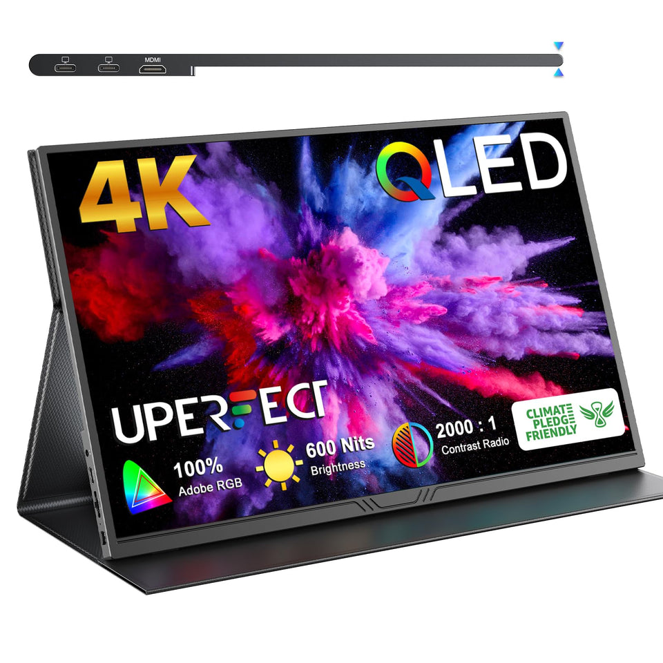 UPERFECT True 4K QLED portable monitor with arc metal frame for premium durability.