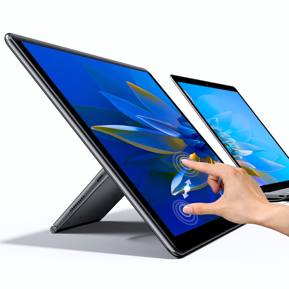 UPERFECT Y portable monitor in landscape mode with stabilized stand for productive viewing.
