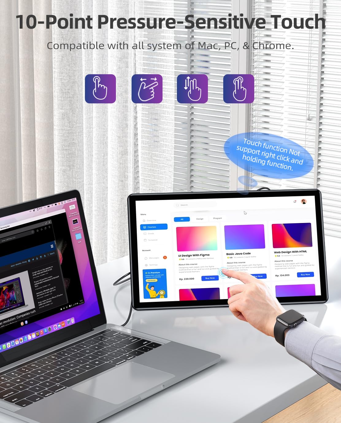 UPERFECT Y portable monitor in portrait mode for vertical reading and coding efficiency.