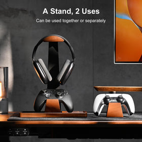UPERGO holding two controllers and headset, organizing gamepads instantly