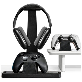 UPERGO front view of headset stand showing organized setup and space-saving benefit