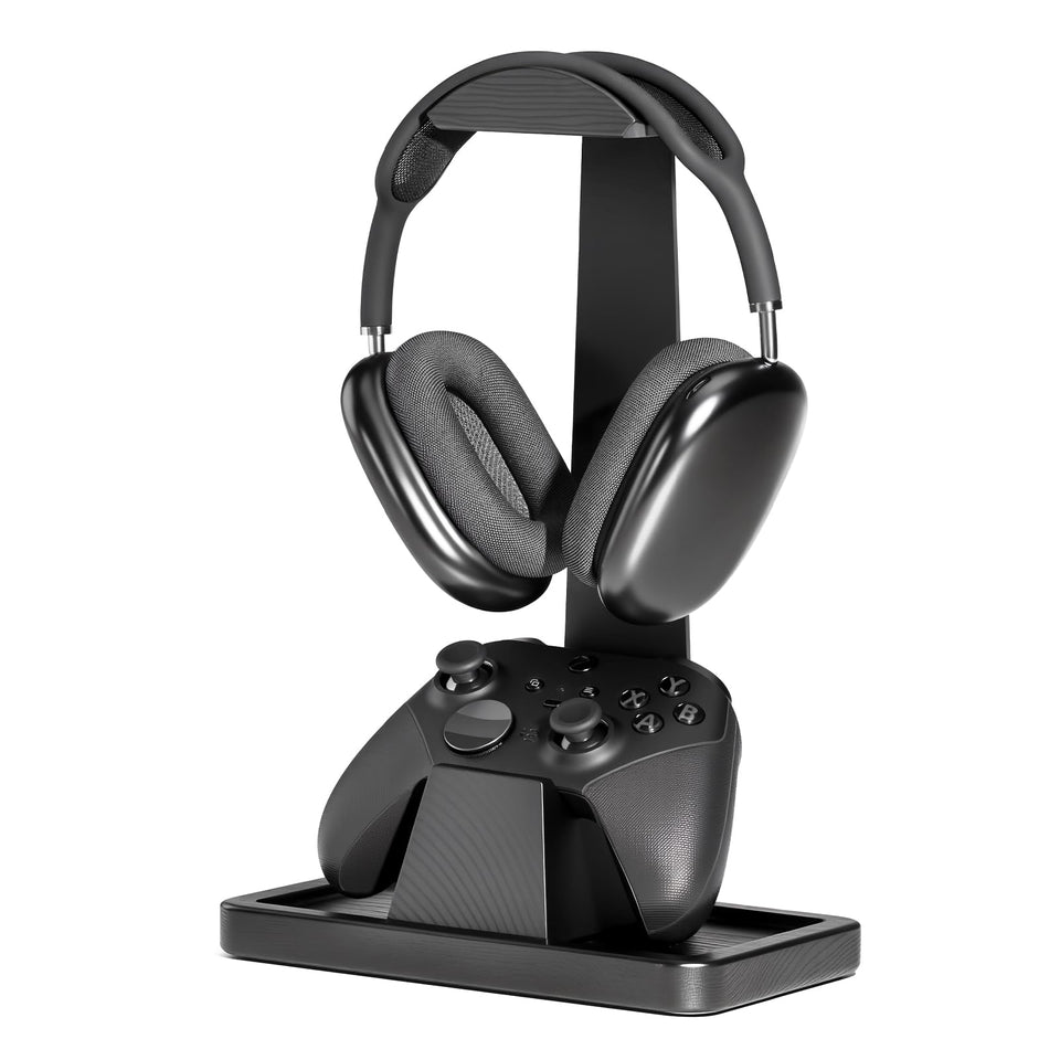UPERGO front view of stand shows tidy headset and controller storage benefit