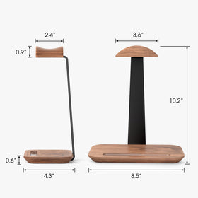 UPERGO next to a gaming headset to show scale and how the stand fits large headphones