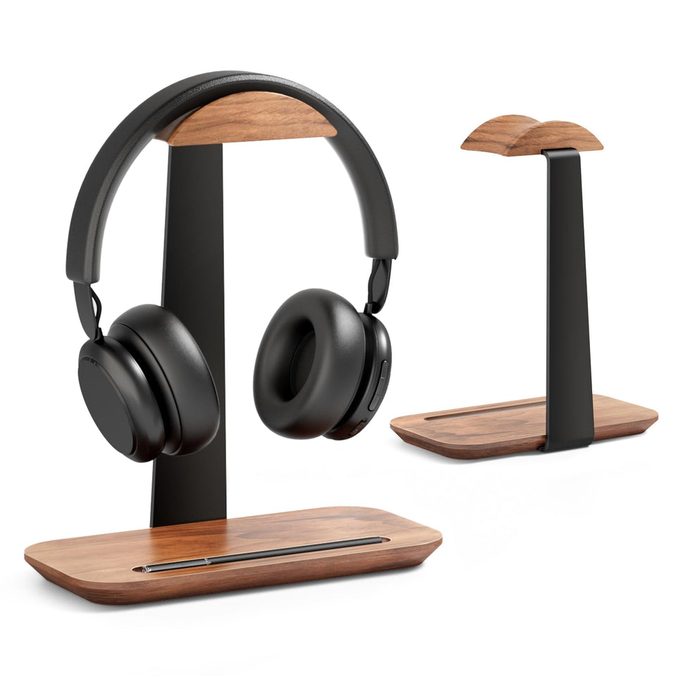 UPERGO walnut headphone stand front view on desk showing sleek profile and organized setup
