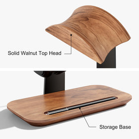 UPERGO stand supporting AirPods Max on a workspace demonstrating secure fit and protection
