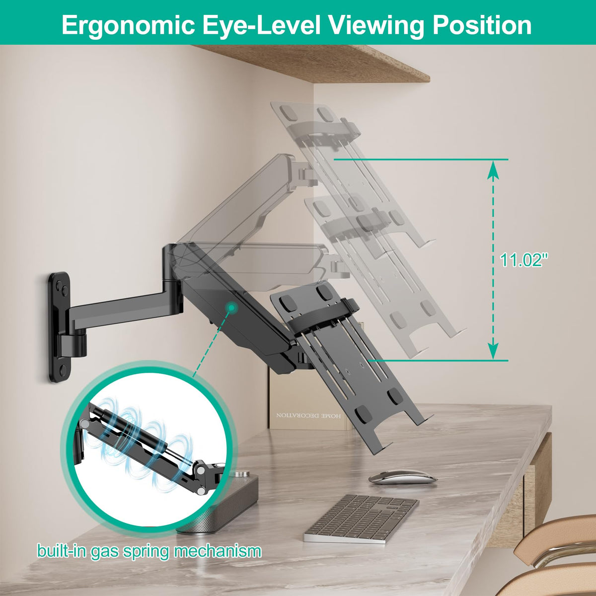 Laptop mounted on UPGRAVITY at ergonomic height for comfortable viewing.
