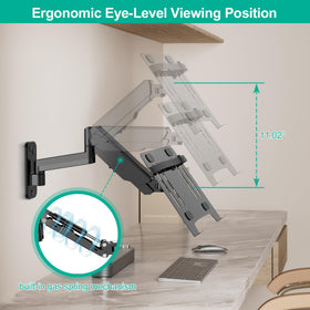 Laptop mounted on UPGRAVITY at ergonomic height for comfortable viewing.