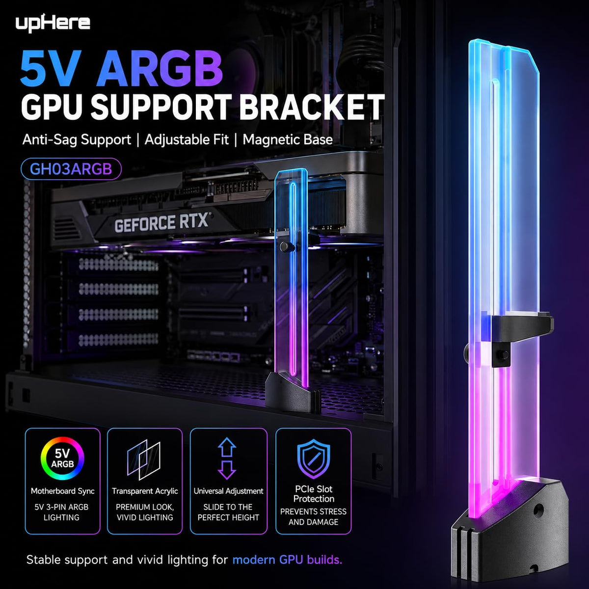 UpHere GPU sag holder base offers tool-free magnetic installation and anti-scratch padding.