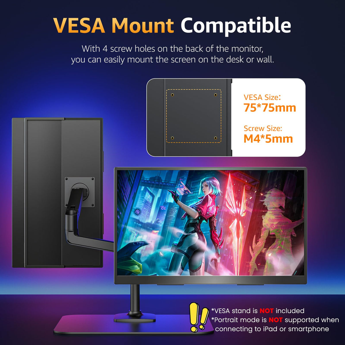Upperizon VESA compatibility and kickstand offer flexible mounting on desk or wall.