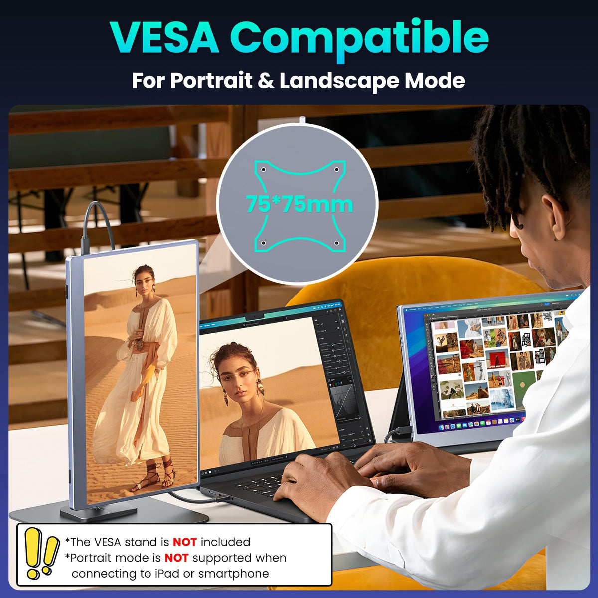 Upperizon monitor mounted via VESA offers landscape or portrait versatility.