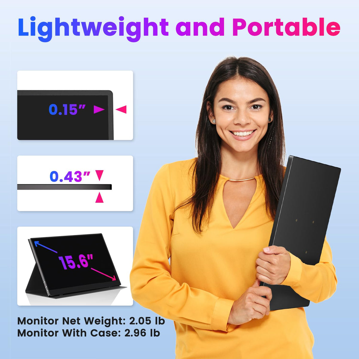 Upperizon portable monitor includes cables and a 30W power adapter