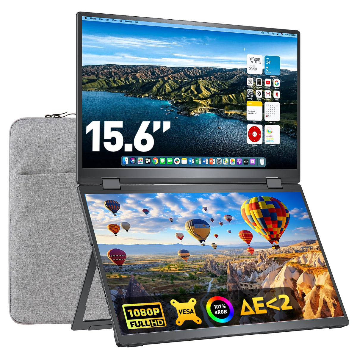 Upperizon portable monitor front view with foldable dual screens for travel efficiency.