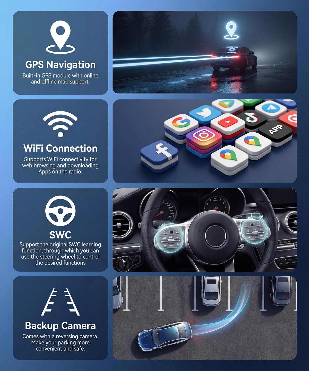 Upriding HD backup camera with night vision boosts parking safety.