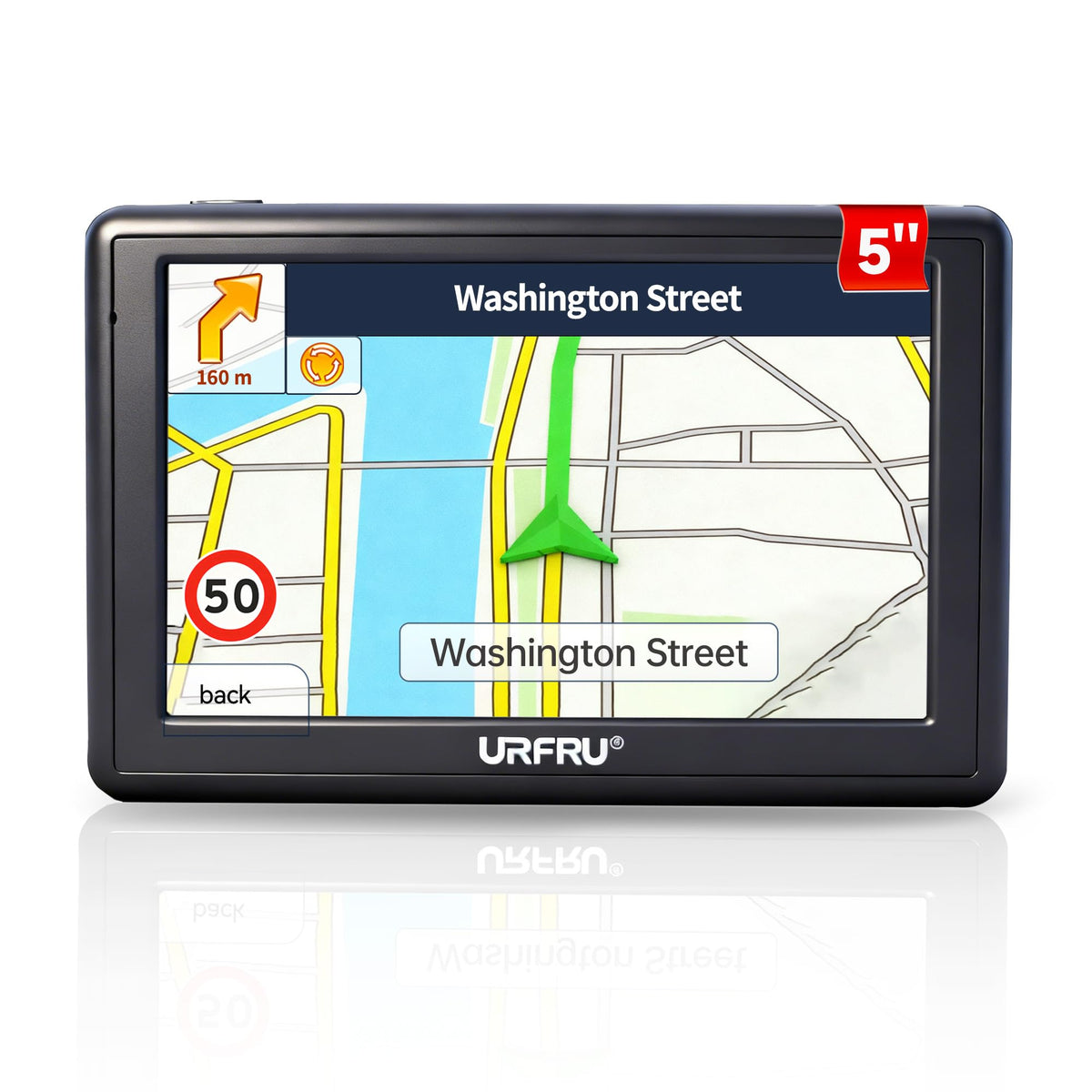 URFRU front view of GPS device showing map display and clear directions