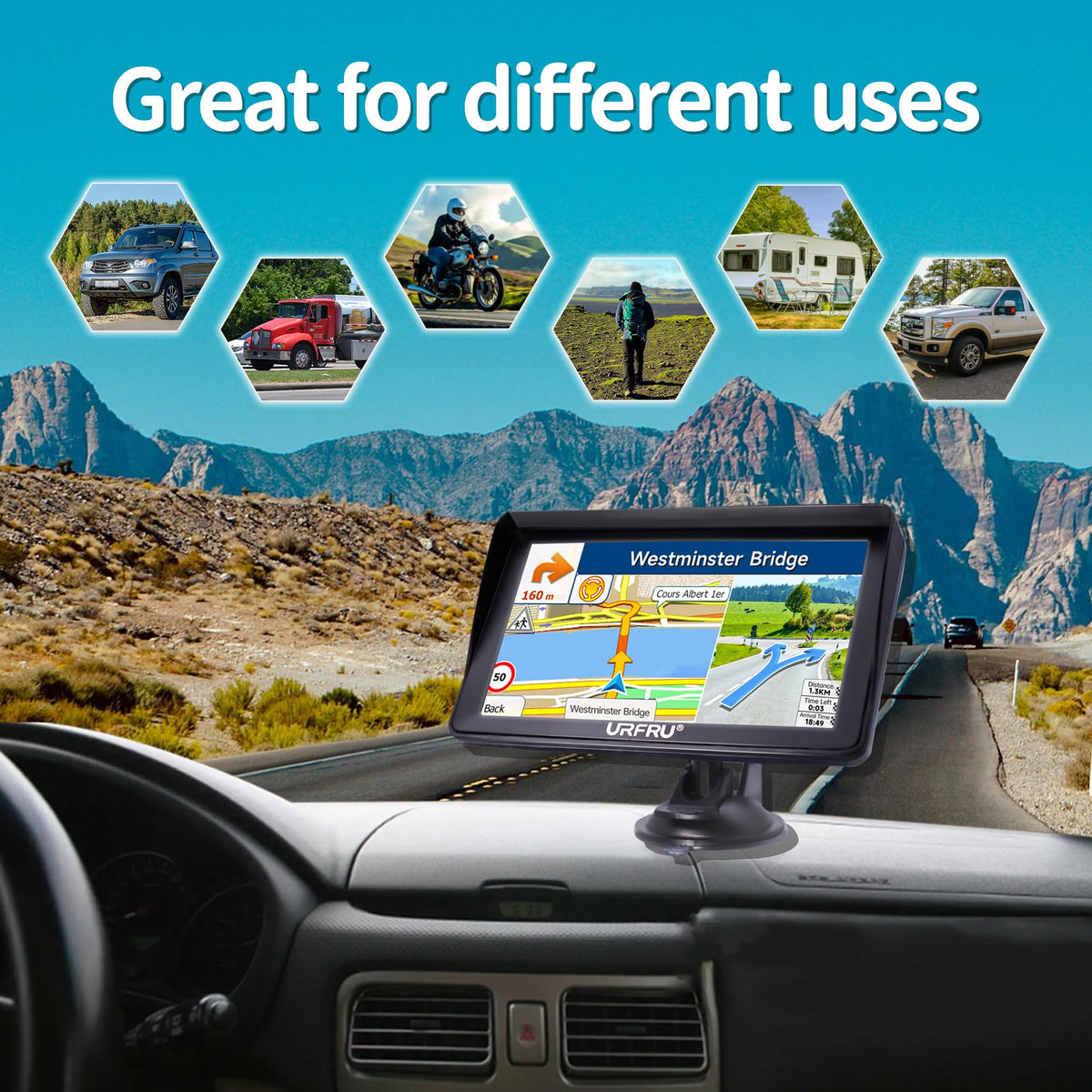 URFRU mounted on a dashboard demonstrating real-world driving convenience