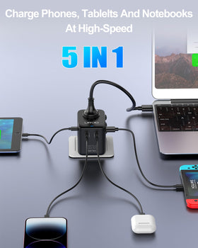 URJD powering a dual-voltage hair dryer from the 2500W AC outlet for travel convenience