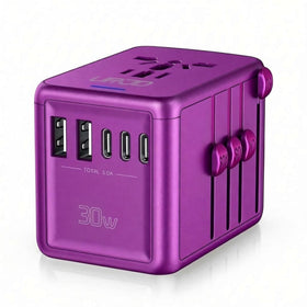 URJD adapter front view showing purple housing and multiple ports for convenient charging
