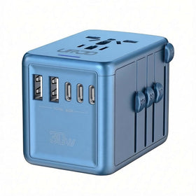 URJD adapter front view showing ports and compact design for versatile charging