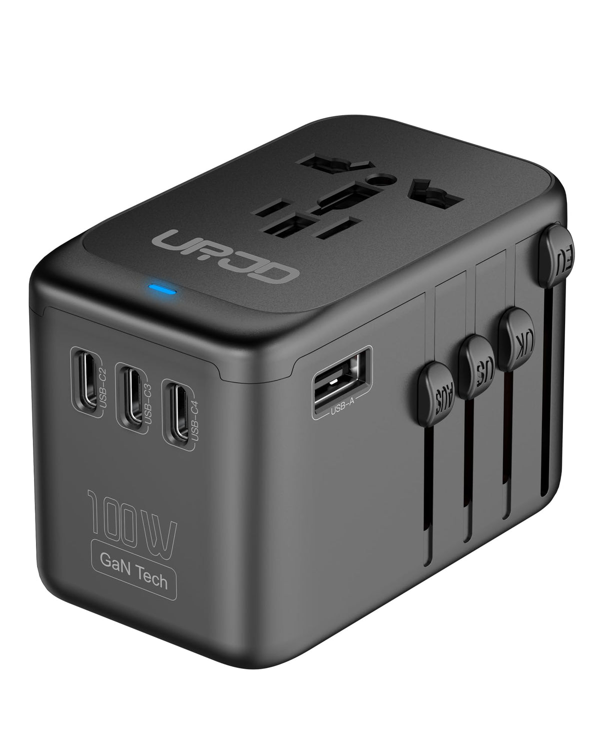 URJD universal travel adapter showing 100W GaN fast charging for laptops.