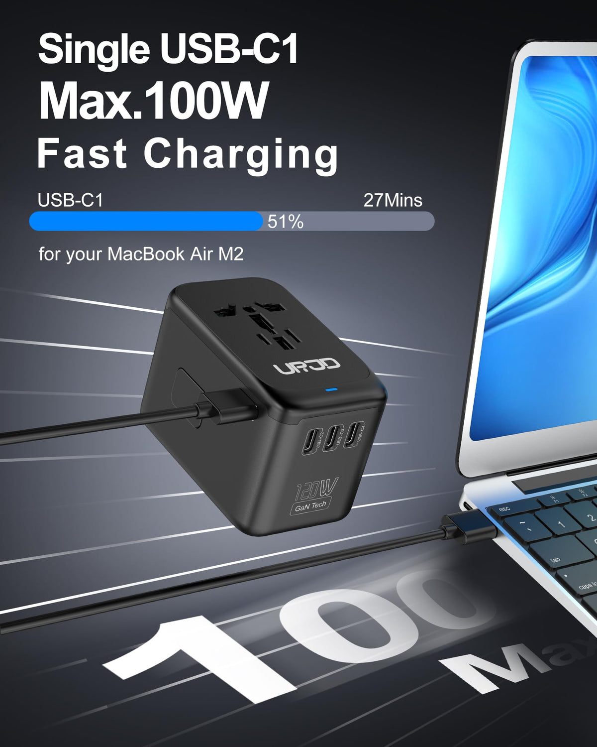 URJD 2500W AC outlet powering a travel laptop.