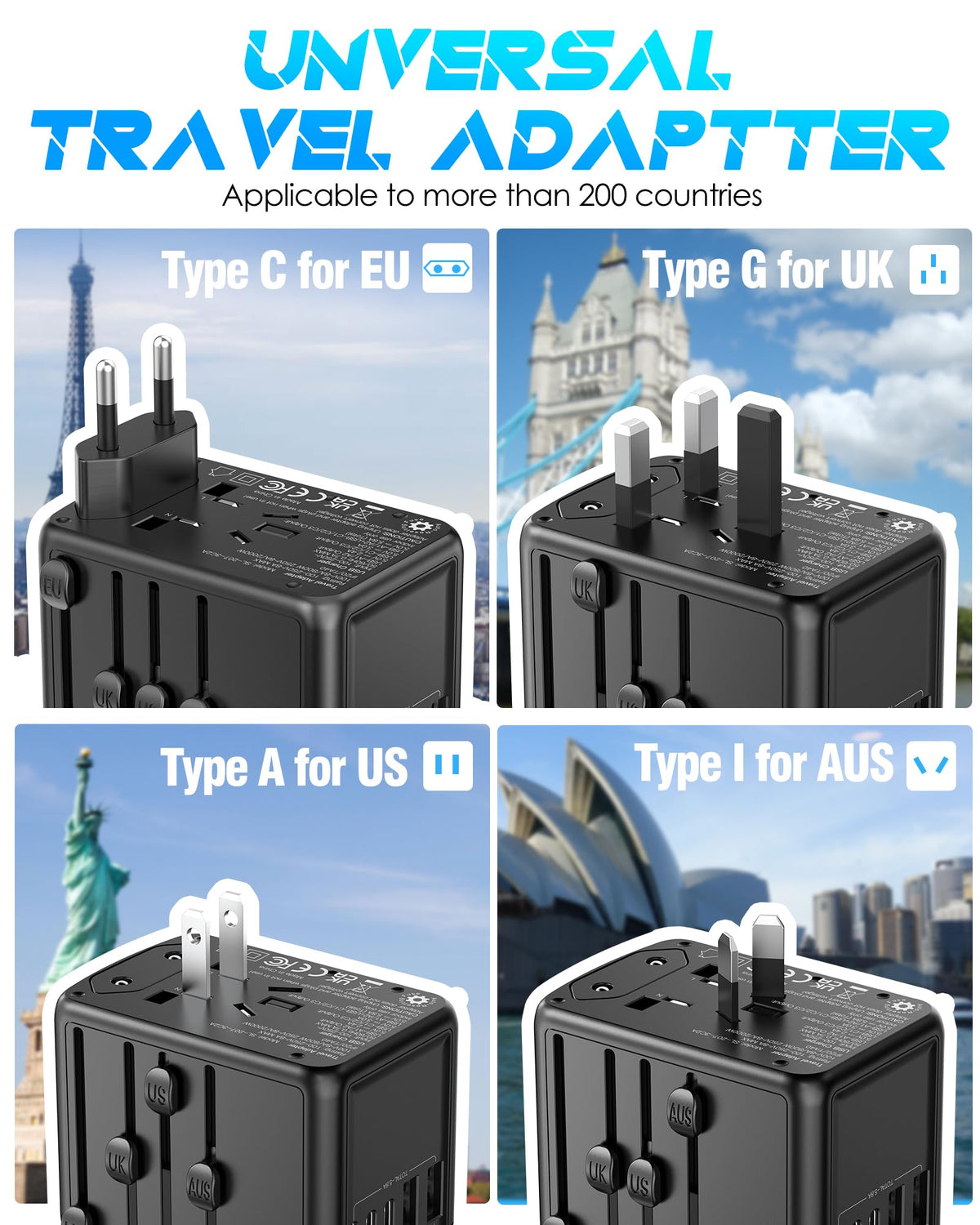 URJD top view displaying five USB ports and universal AC outlet for versatile charging