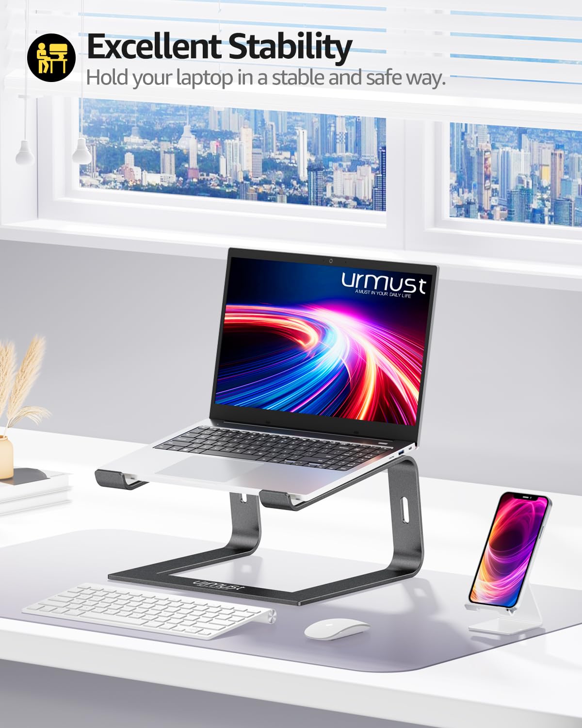 Urmust laptop stand ergonomic height of 5.8 inches for comfortable viewing.