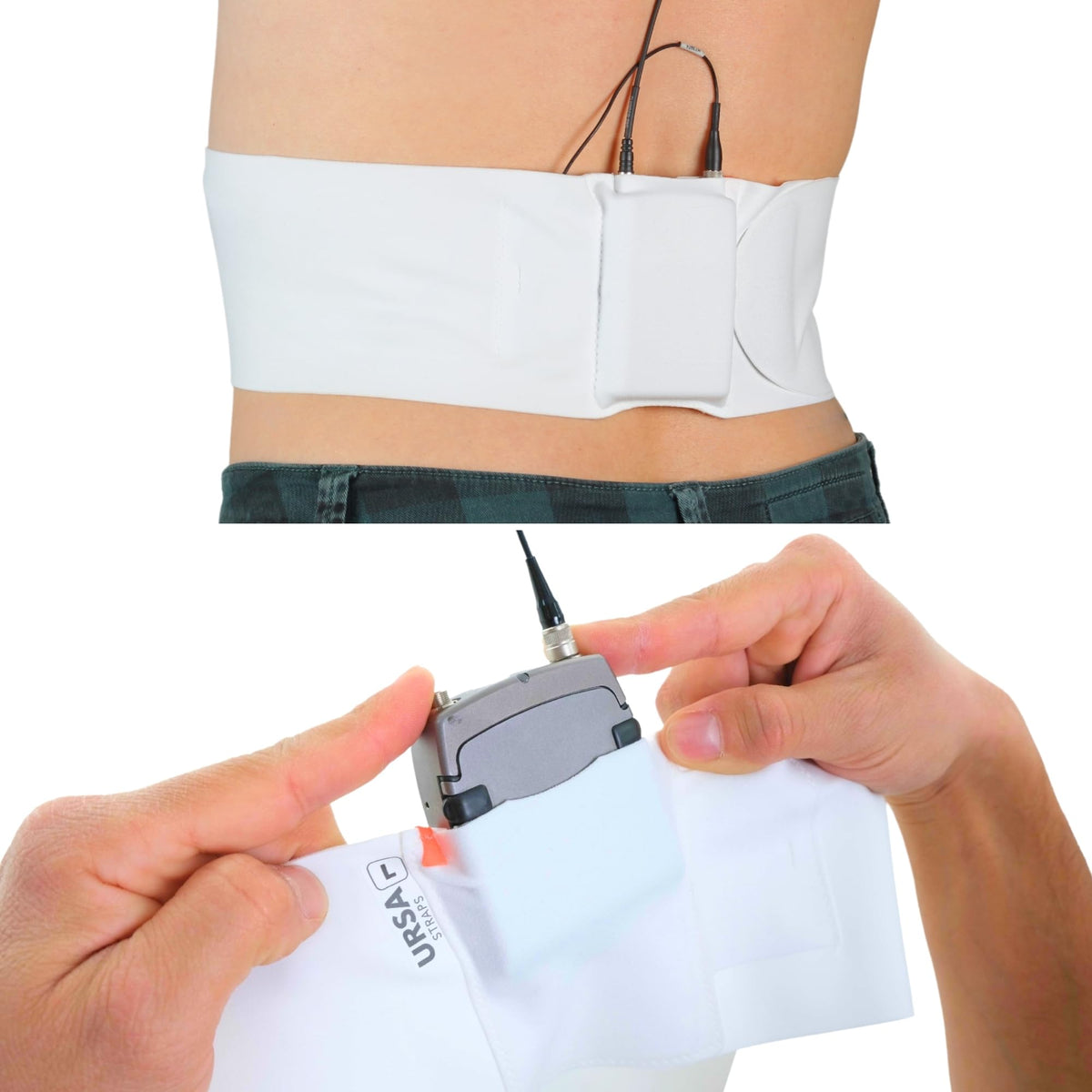 URSA Straps front view of white pouch showing secure transmitter carry