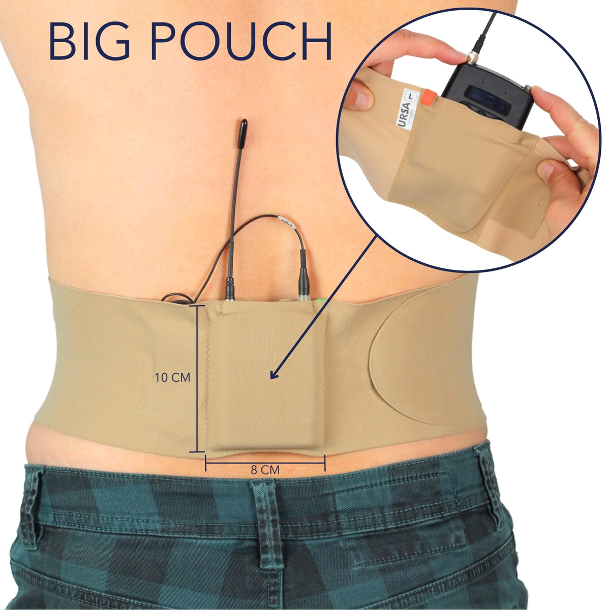 URSA Straps close-up of large bonded pouch holding a transmitter securely