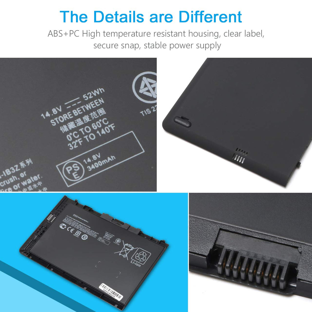 Ursulan BT04XL battery side connection indicating secure fit for HP EliteBook Folio models.