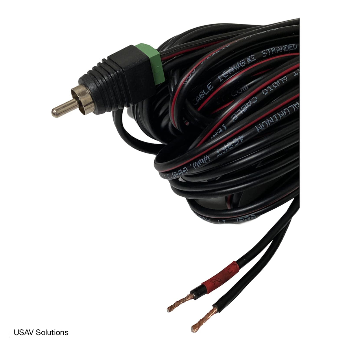 USAV Solutions RCA to bare-wire cables, 20-40 feet, flexible routing for rear speakers.