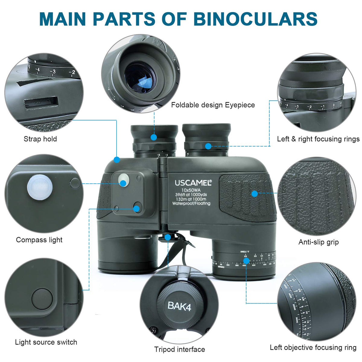 USCAMEL 10x50 binoculars compass and rangefinder for quick direction and distance.
