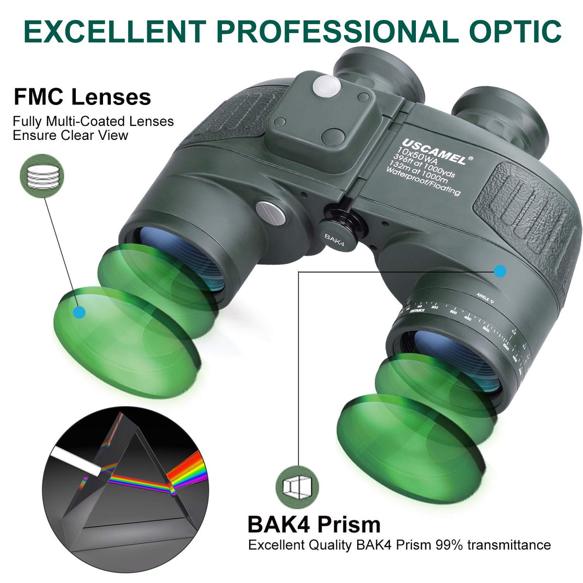 USCAMEL 10x50 binoculars FMC prism coatings boost brightness and color.