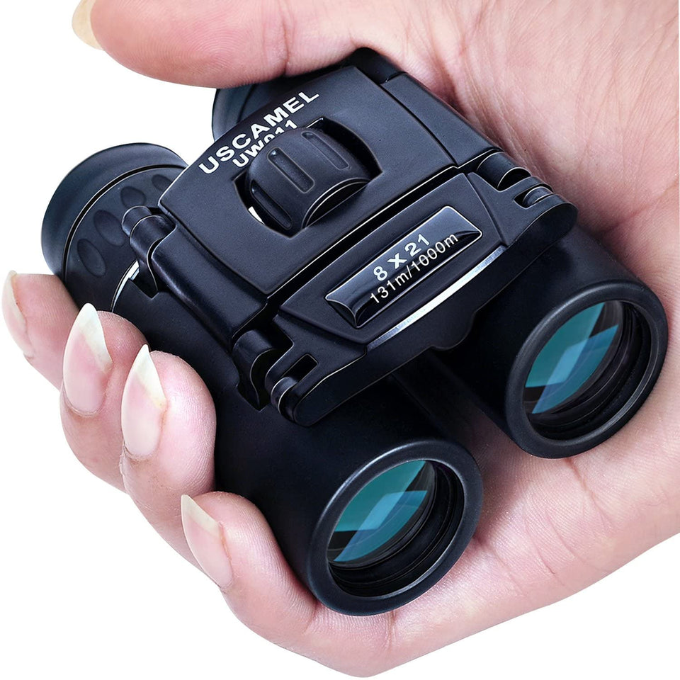 USCAMEL 8x21 front view showing compact housing and eyepieces, ideal for travel