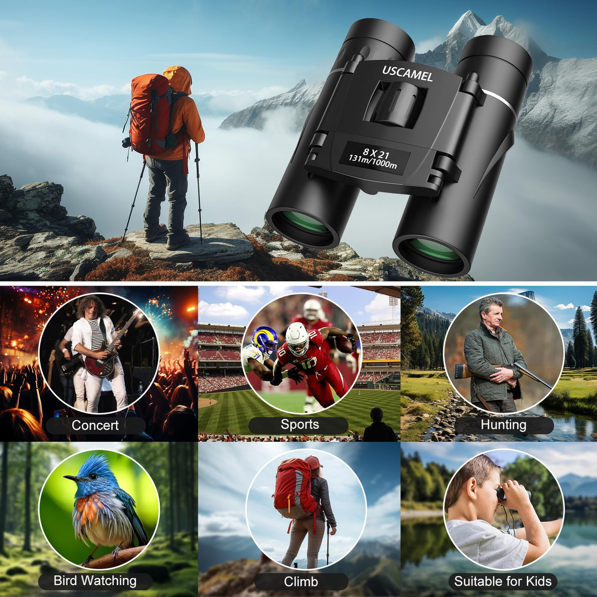 USCAMEL binoculars in hand to show scale and portability for on-the-go use