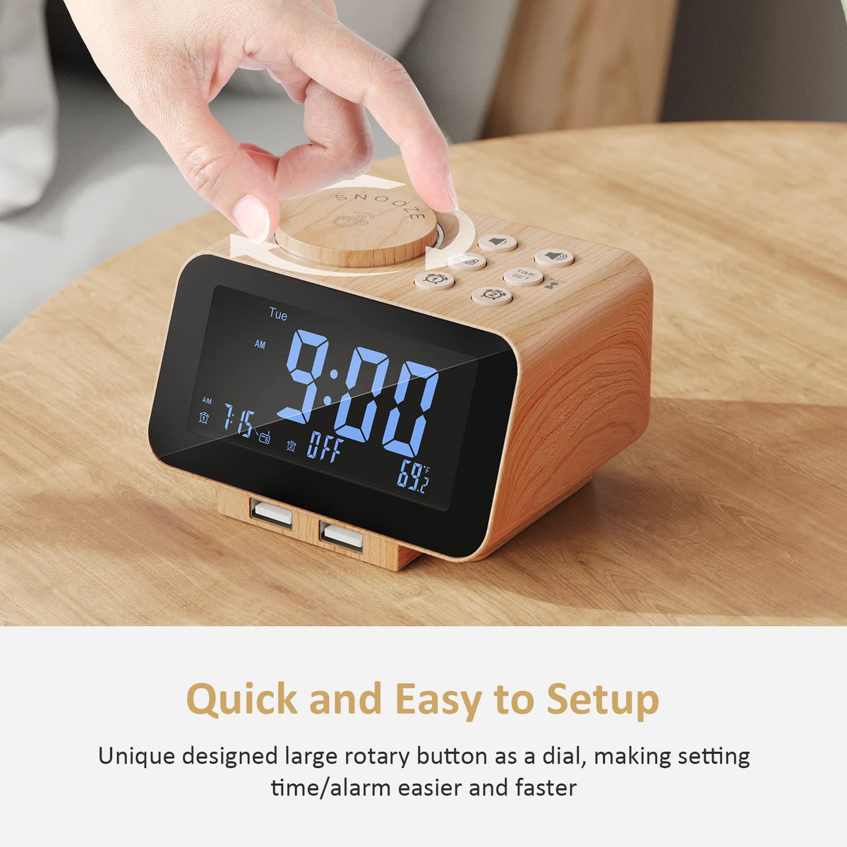 uscce clock next to smartphone showing USB charging convenience